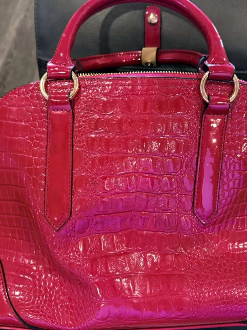 New Orli Collection Red Patent Croc Embossed Dome Satchel Bag Gold Hardware
